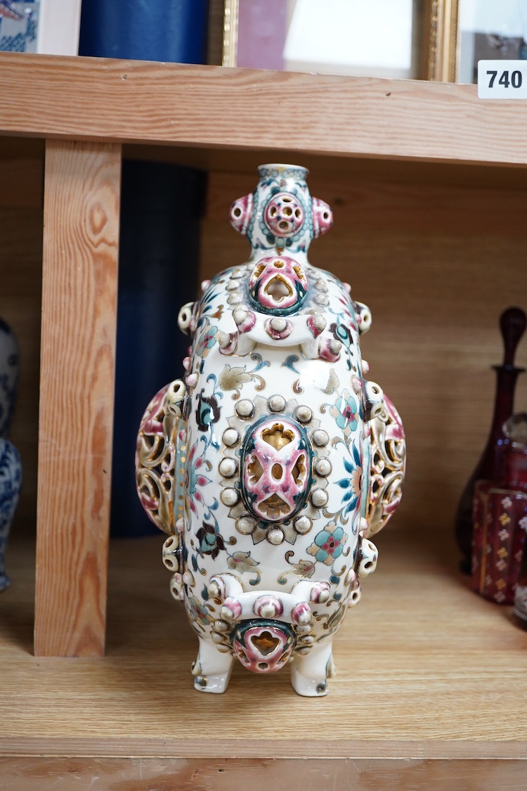 A Zsolnay Pecs Hungarian Persian inspired double walled moon flask, 31cm high